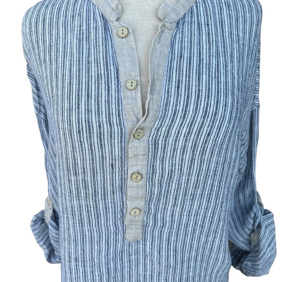 Mastro Moda Italy 100% Linen Stripe Popover Henley Top Blue Ecru Roll Tab Small - Picture 5 of 13